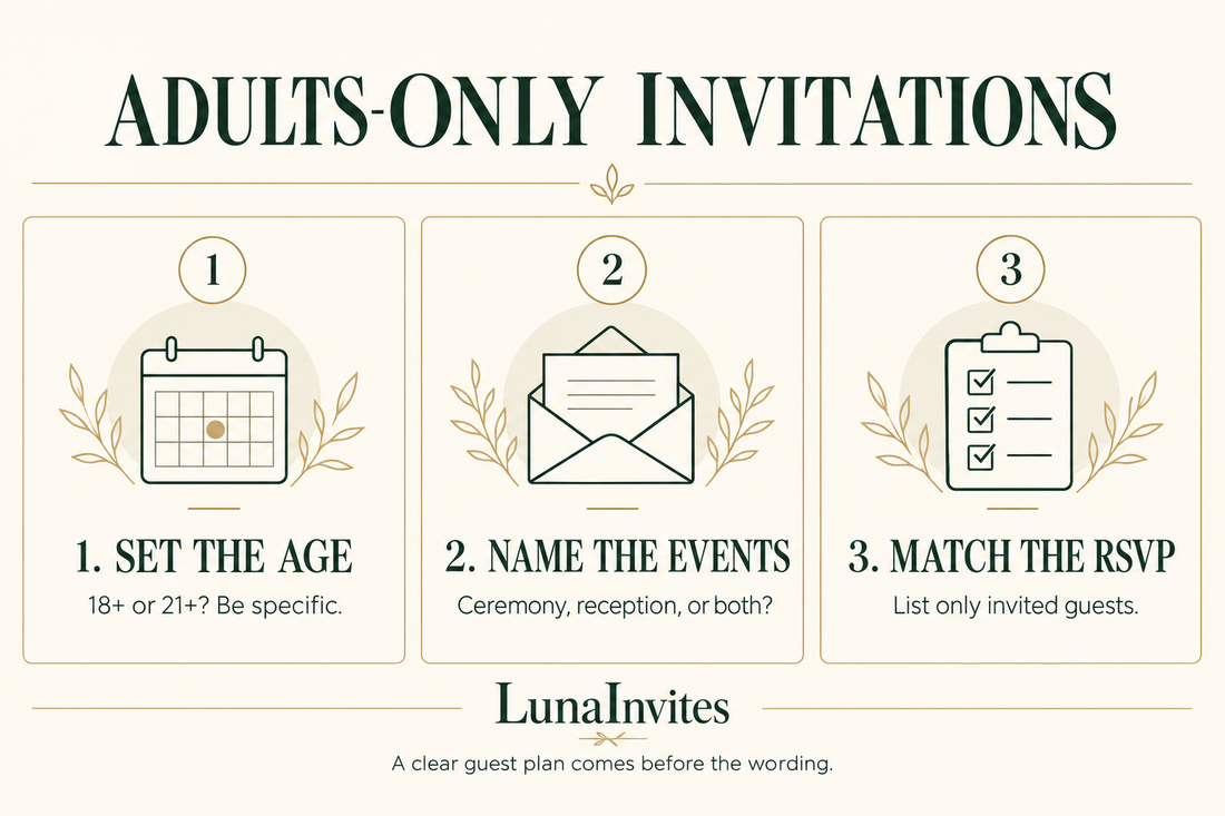 Guida LunaInvites agli inviti riservati agli adulti: stabilire l'età, indicare gli eventi e adattare l'RSVP alle persone invitate.