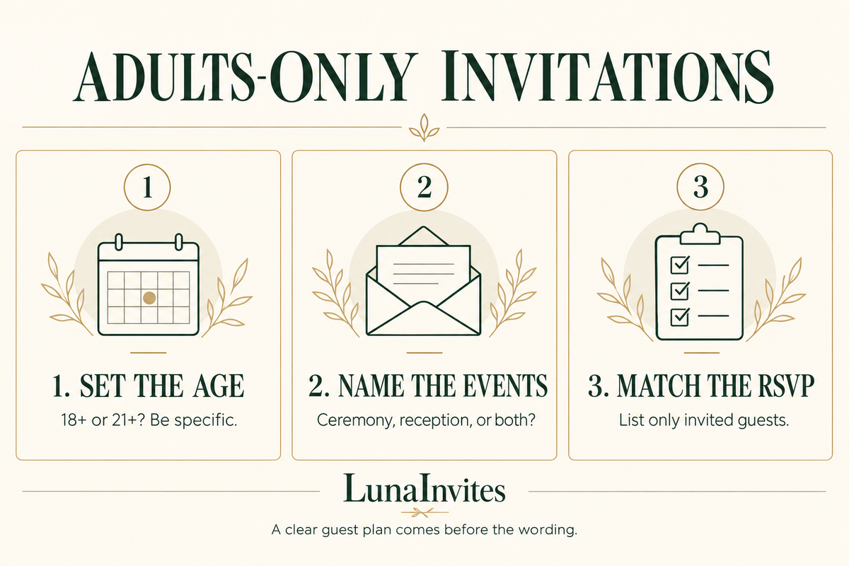 LunaInvites guide to adults-only invitations: set the age, name the events, and match the RSVP to invited guests.