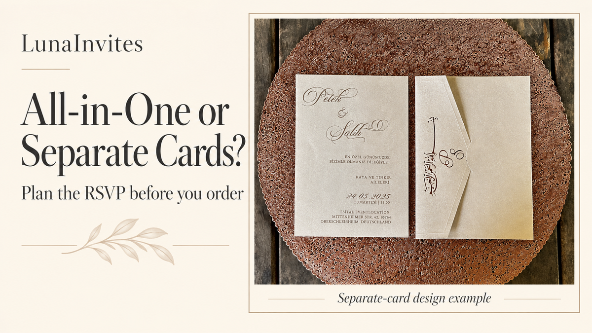 LunaInvites cream paper invitation and matching envelope beside All-in-One or Separate Cards guidance; AI-assisted layout labeled a separate-card design example.