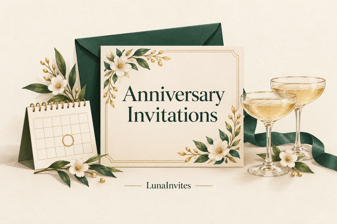 Cartoncino illustrato con inviti per anniversario, busta verde, calendario e due bicchieri, con marchio LunaInvites.