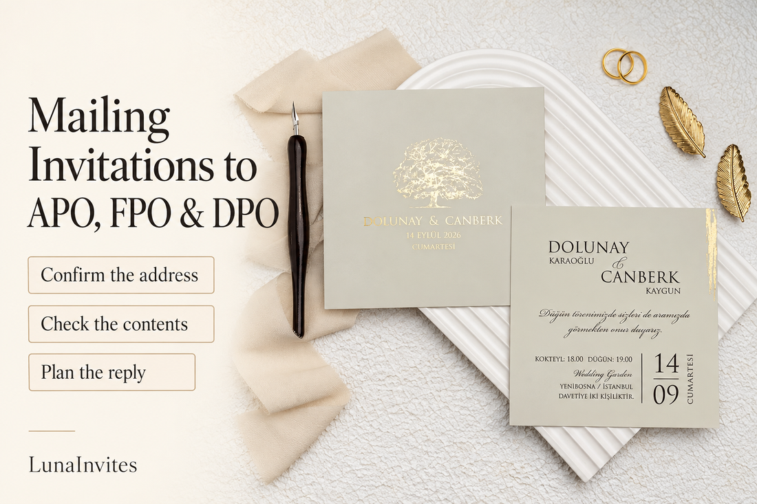 Invito in carta beige e busta con albero dorato LunaInvites accanto a una lista per spedizioni APO, FPO e DPO; composizione editoriale assistita dall’IA.