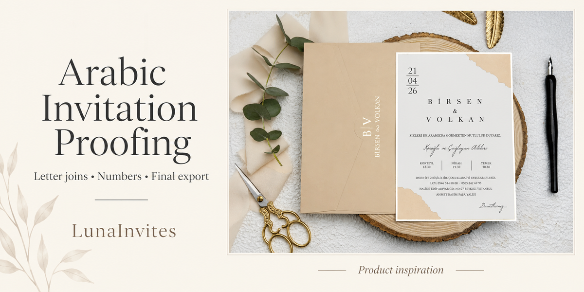 LunaInvites Arabic invitation proofing guide beside an AI-assisted presentation of its beige paper invitation and matching envelope; product inspiration, not Arabic-printed sample.
