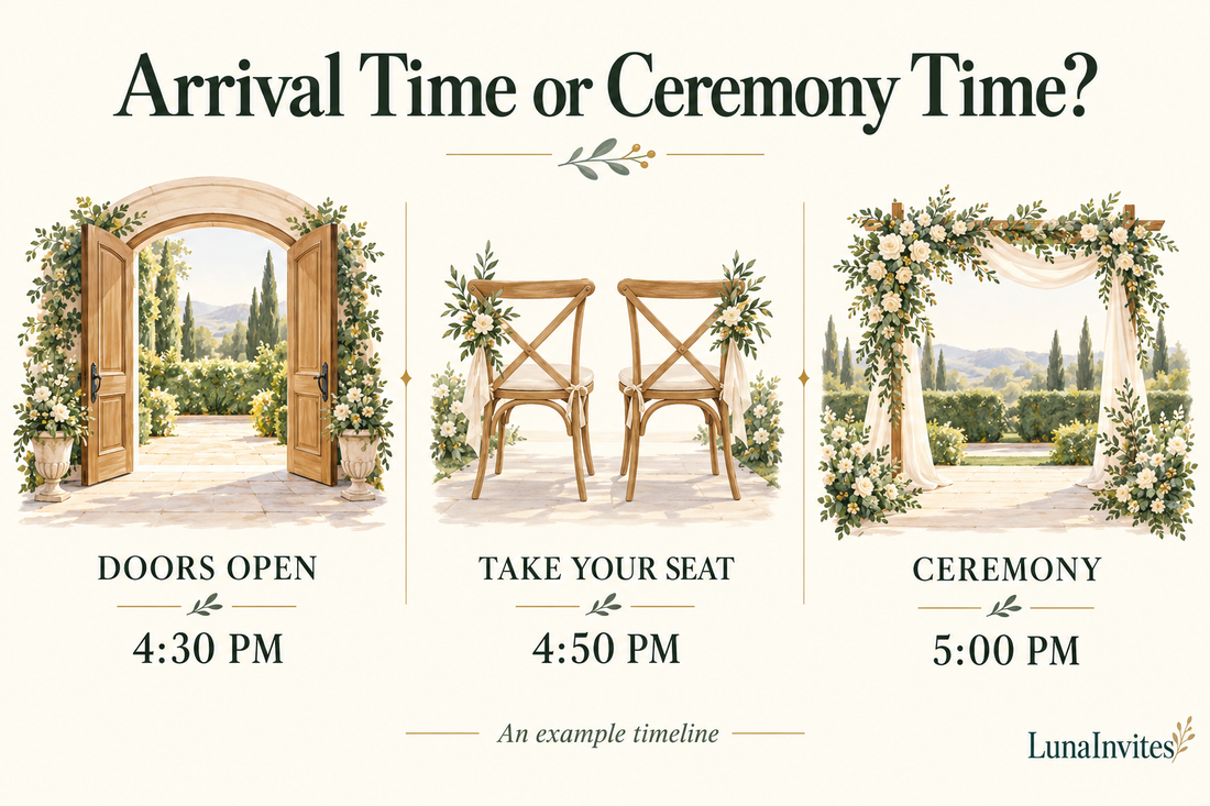 Illustrazione LunaInvites di un esempio di programma: apertura delle porte alle 16:30, ospiti seduti entro le 16:50 e cerimonia alle 17:00.