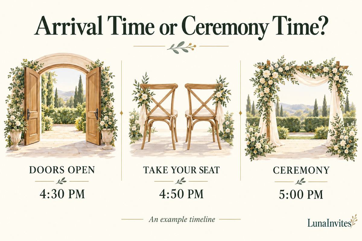 LunaInvites example timeline illustration: doors open at 4:30 p.m., guests seated by 4:50 p.m., and ceremony at 5:00 p.m.