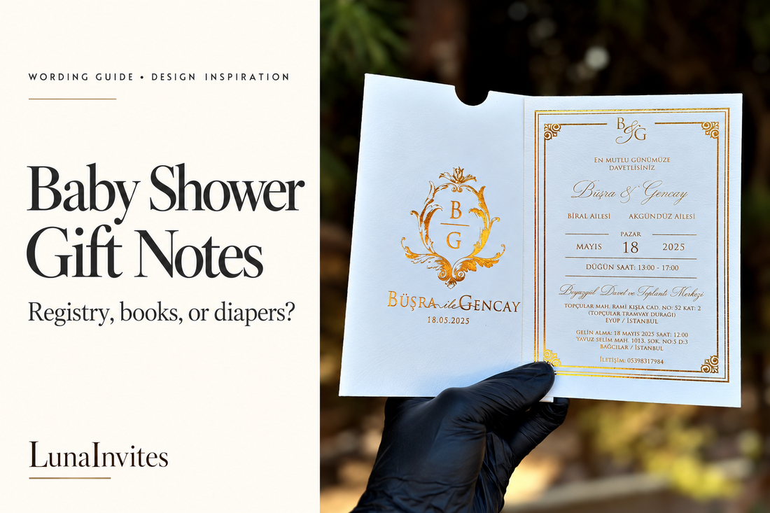 Composizione con IA LunaInvites: invito nuziale bianco e oro accanto a testo Baby Shower Gift Notes; foto del negozio come ispirazione di design.