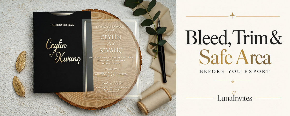 LunaInvites black envelope and gold-print clear acrylic invitation beside Bleed, Trim and Safe Area text; AI-assisted editorial composition.