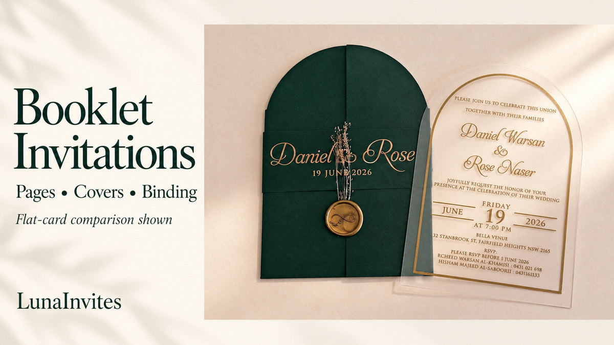 LunaInvites booklet invitation guide beside the real green gatefold cover and arched acrylic card, labeled flat-card comparison; AI-assisted layout.
