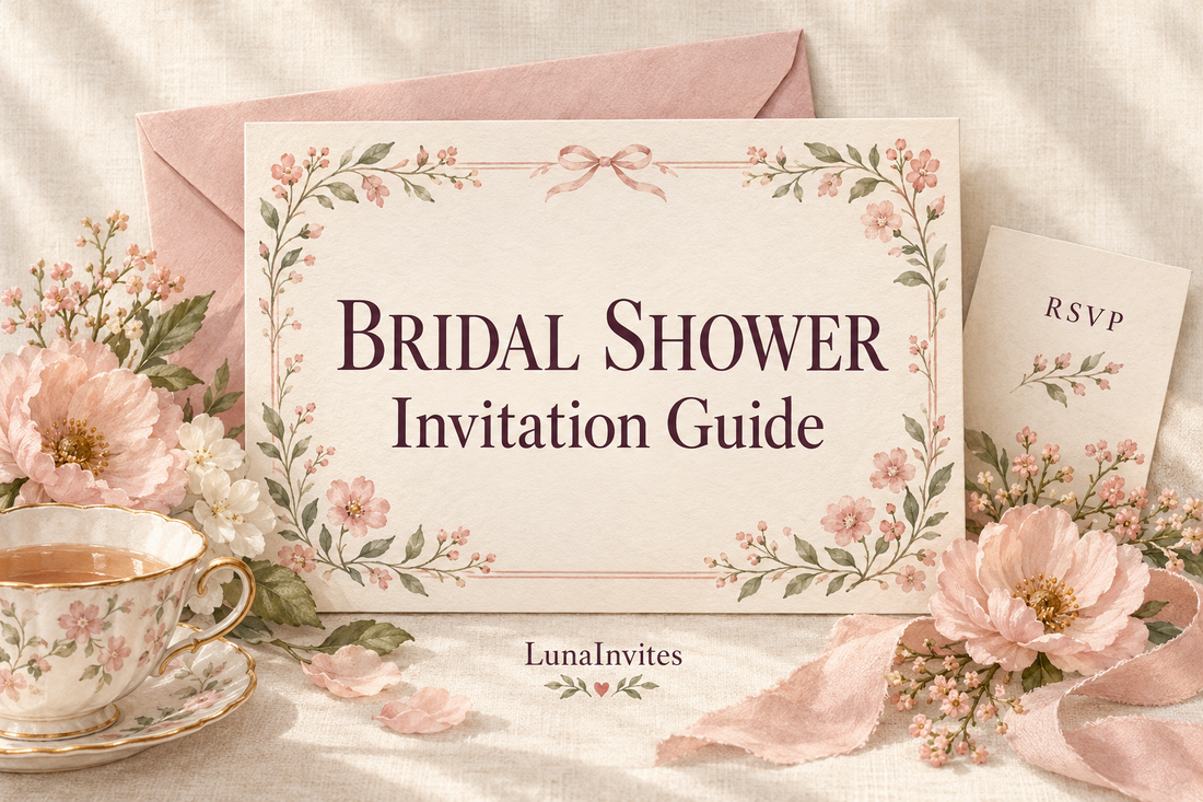 Illustrazione della guida LunaInvites al bridal shower con invito botanico, busta rosa cipria, cartoncino RSVP, fiori e tazza da tè.