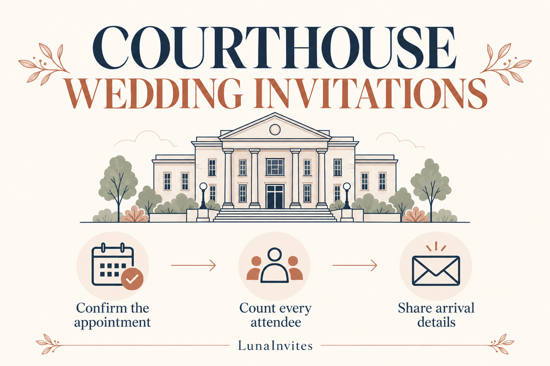 Lista illustrata LunaInvites per un matrimonio in tribunale: confermare l'appuntamento, contare ogni partecipante e condividere le informazioni per l'arrivo.