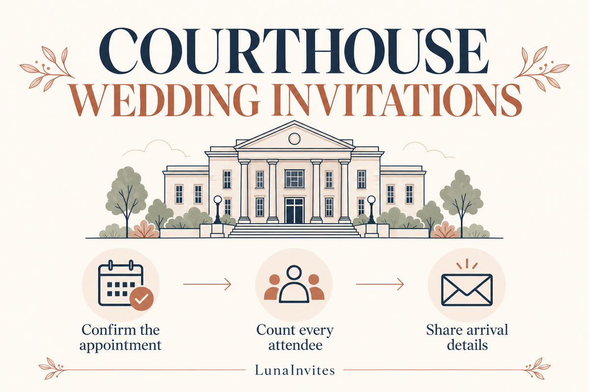 LunaInvites illustrated courthouse wedding checklist: confirm the appointment, count every attendee, and share arrival details.