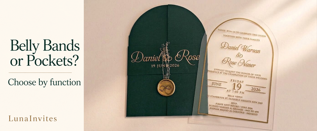 LunaInvites green gatefold cover with a printed paper belly band, dried flowers and a gold-colored wax seal beside its clear arched invitation; editorial title panel.