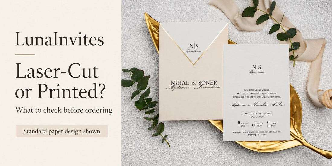 Composizione con IA LunaInvites: busta beige con patta a V e invito in carta accanto a guida Laser-Cut or Printed; alternativa in carta standard, non traforata.