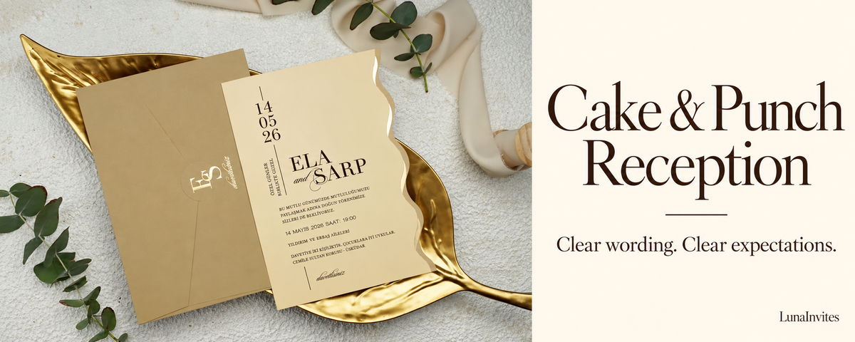 LunaInvites beige wavy-edge paper invitation and matching monogram envelope beside cake-and-punch reception wording guidance; AI-assisted editorial layout using the store’s product photograph.