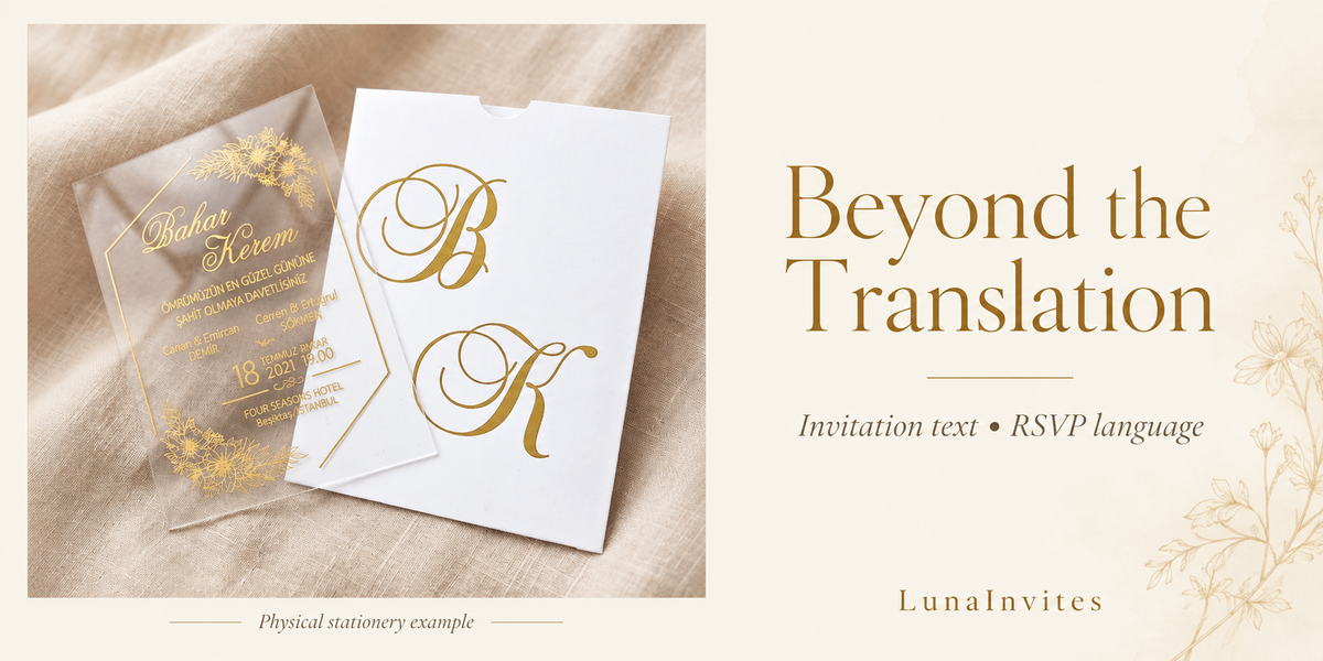 AI-opmaak van LunaInvites: transparante bloemenuitnodiging van acryl en witte envelop met monogram naast de tekst Beyond the Translation.