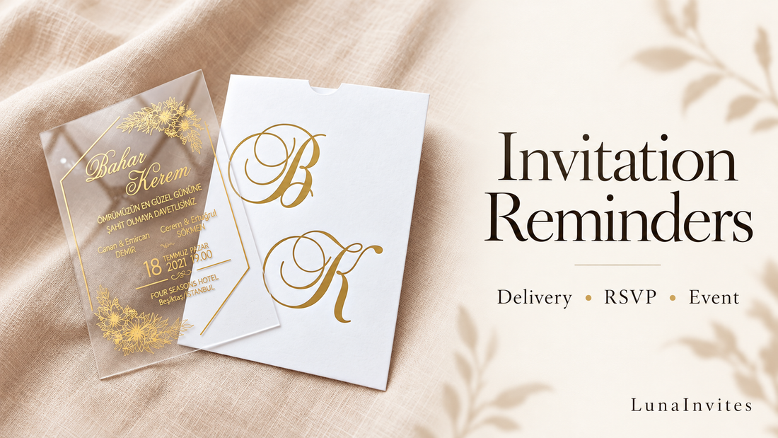 AI-opmaak van LunaInvites: transparante bloemenuitnodiging van acryl en witte envelop met monogram naast labels voor bezorging, RSVP en evenementherinneringen.