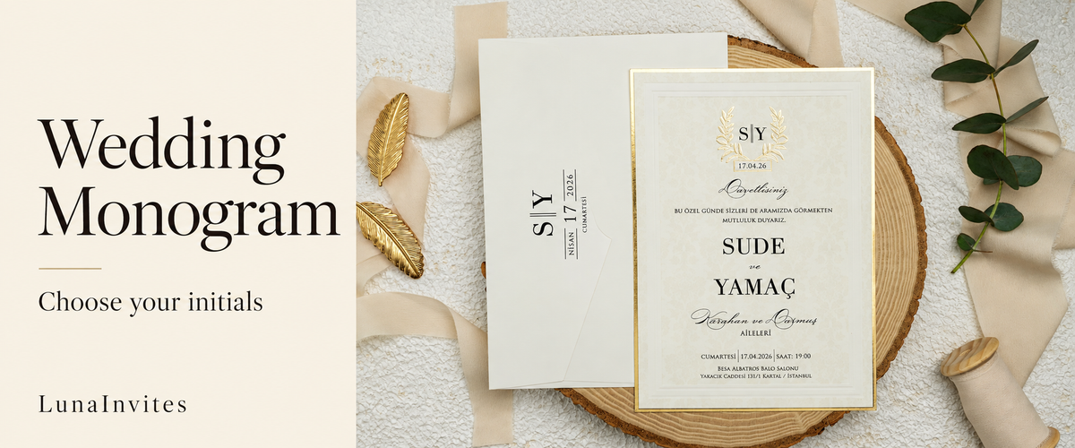 AI-assisted editorial layout of LunaInvites ivory paper invitation with a gold laurel wreath monogram and matching envelope, titled Wedding Monogram.