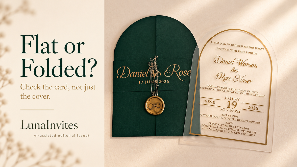 LunaInvites green gatefold cover, printed belly band, gold-colored wax seal, dried sprig and separate flat arched acrylic invitation; AI-assisted editorial layout about flat versus folded formats.