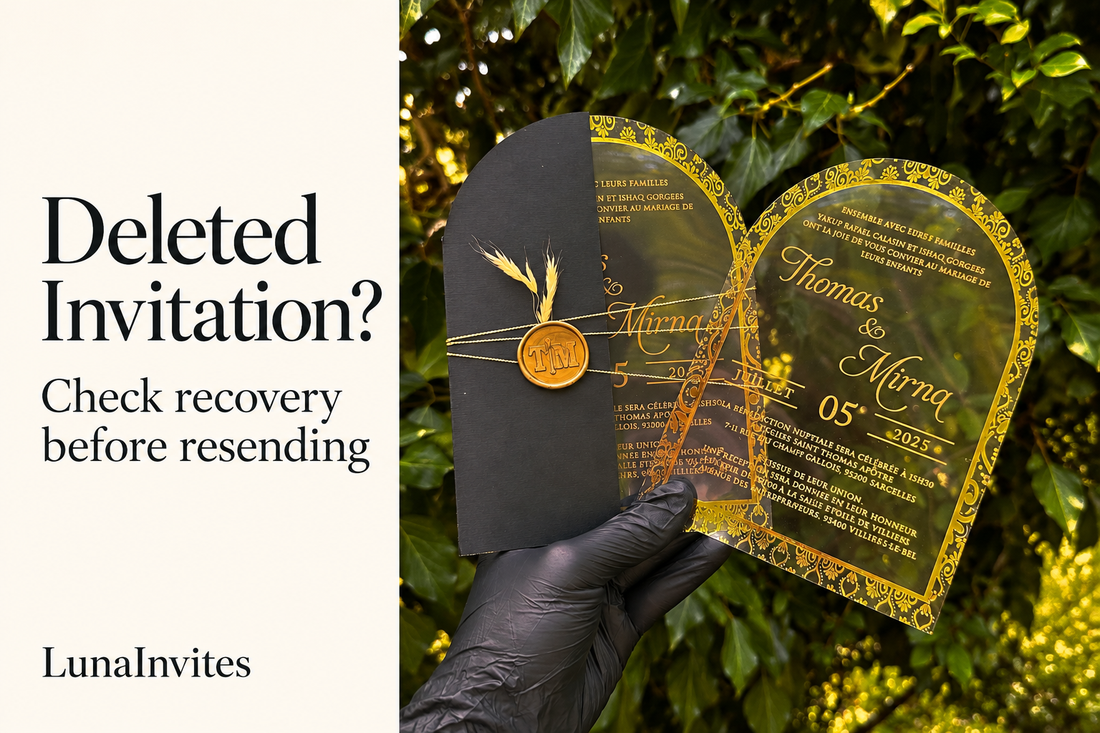 AI-assisted editorial layout of a LunaInvites arched gold acrylic invitation and black envelope beside Deleted Invitation? and LunaInvites text.