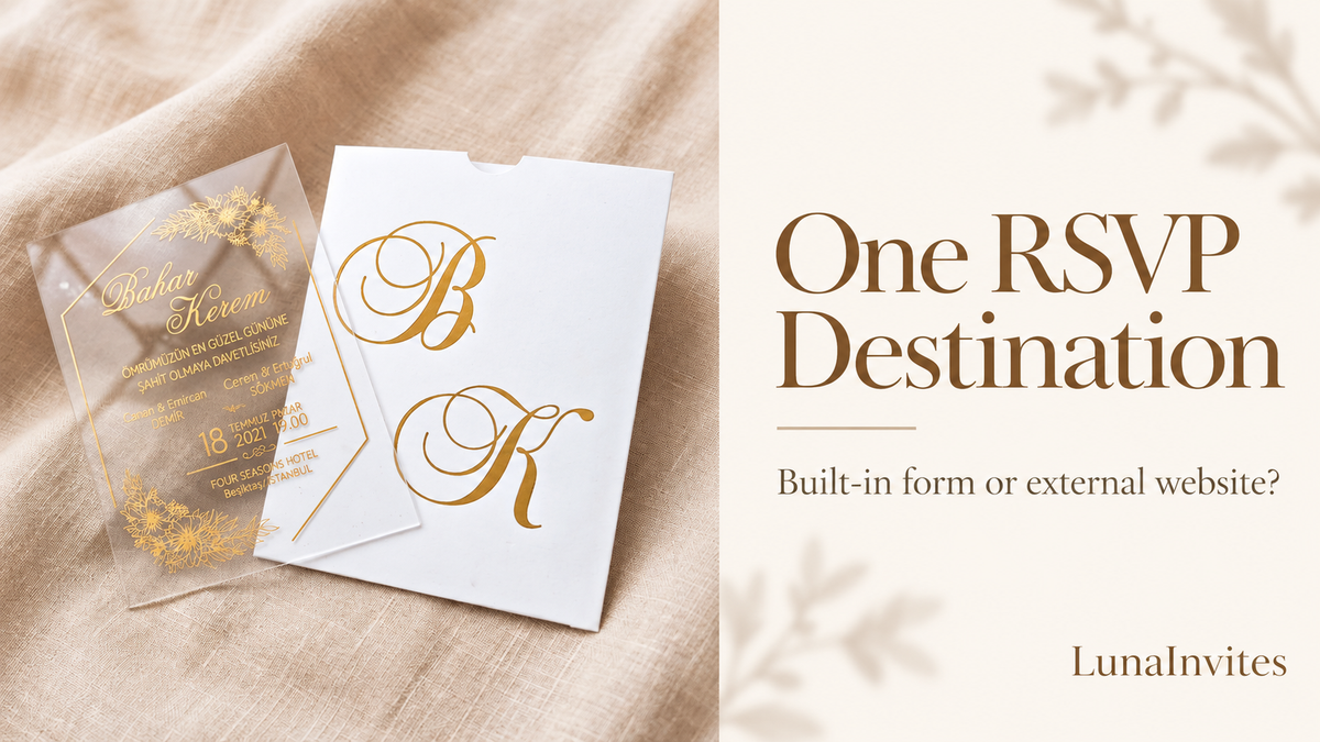AI-assisted editorial cover based on a LunaInvites floral clear acrylic invitation and white monogram envelope, beside One RSVP Destination and LunaInvites text.