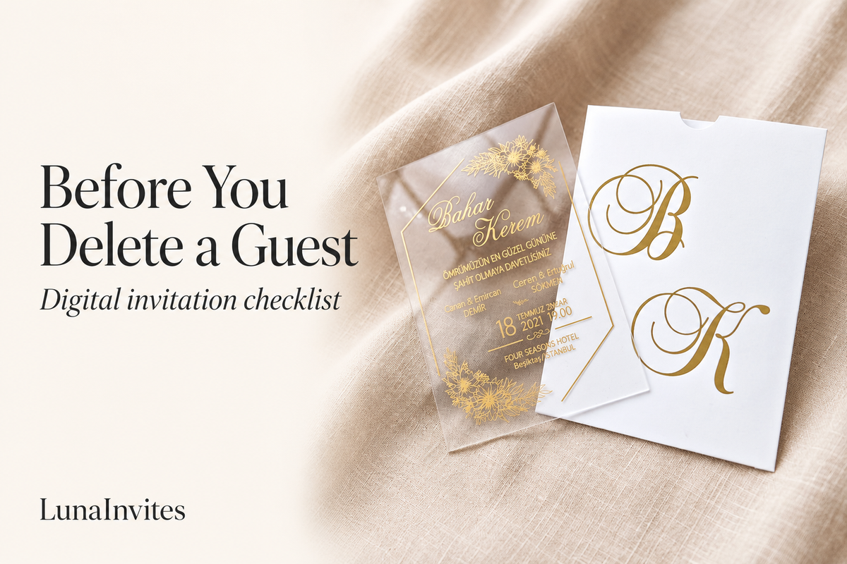AI-opmaak van LunaInvites: transparante bloemenuitnodiging van acryl en witte envelop met monogram naast de tekst Before You Delete a Guest.