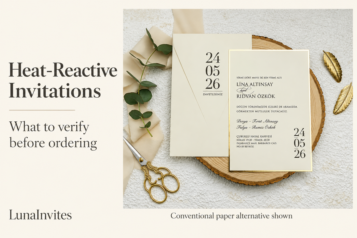 AI-assisted LunaInvites editorial cover showing a beige gold-border paper invitation as a conventional alternative to heat-reactive invitations.