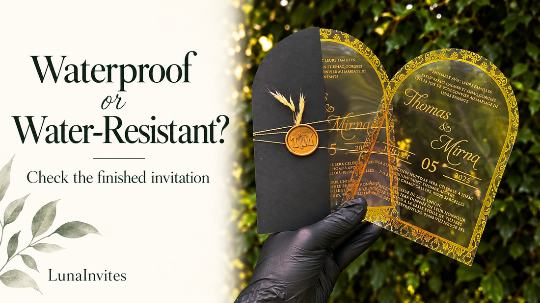AI-assisted editorial cover with LunaInvites clear arched acrylic invitations, gold printing and a black envelope beside Waterproof or Water-Resistant? text.