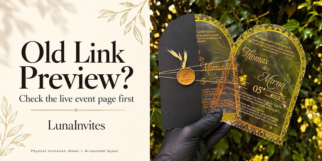 LunaInvites arched clear acrylic invitations and black envelope beside Old Link Preview? guidance; AI-assisted editorial layout using its own product photo.