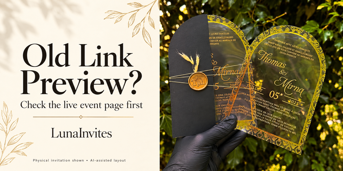 LunaInvites arched clear acrylic invitations and black envelope beside Old Link Preview? guidance; AI-assisted editorial layout using its own product photo.