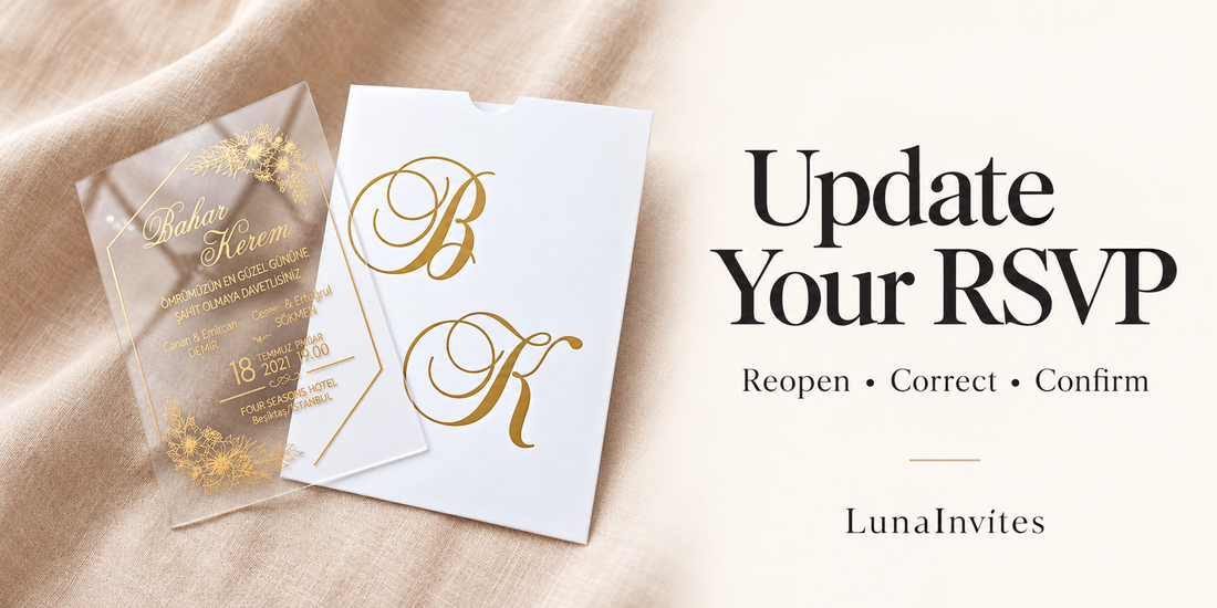 AI-opmaak van LunaInvites: transparante bloemenuitnodiging van acryl en witte envelop met monogram naast de teksten Update Your RSVP en LunaInvites.