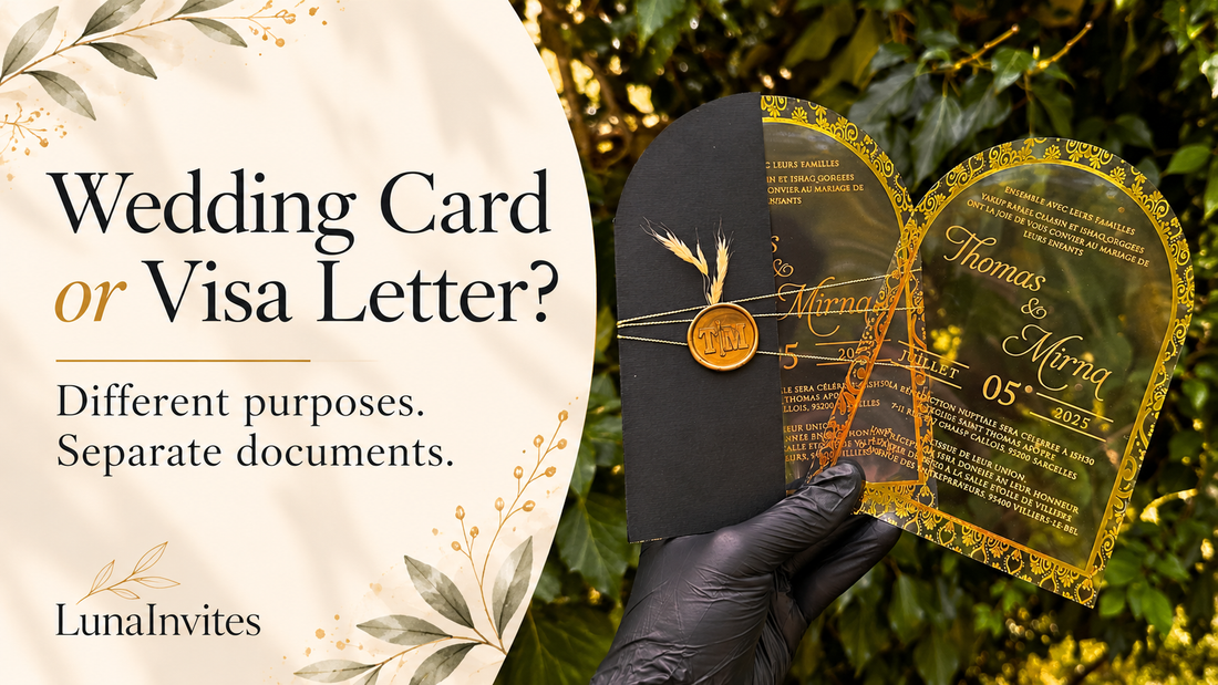 LunaInvites arched clear acrylic invitations with gold lettering and black envelope beside Wedding Card or Visa Letter editorial text.