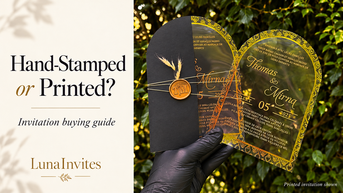 AI-assisted editorial cover showing LunaInvites arched clear acrylic invitations with gold printing, a black envelope and gold wax seal beside Hand-Stamped or Printed? text.