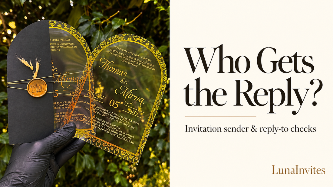 AI-assisted editorial layout of a LunaInvites arched gold acrylic invitation and black envelope beside Who Gets the Reply? and LunaInvites text.