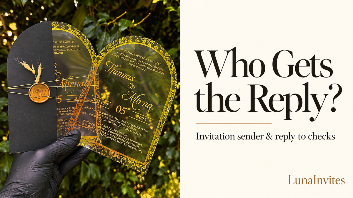 AI-assisted editorial layout of a LunaInvites arched gold acrylic invitation and black envelope beside Who Gets the Reply? and LunaInvites text.