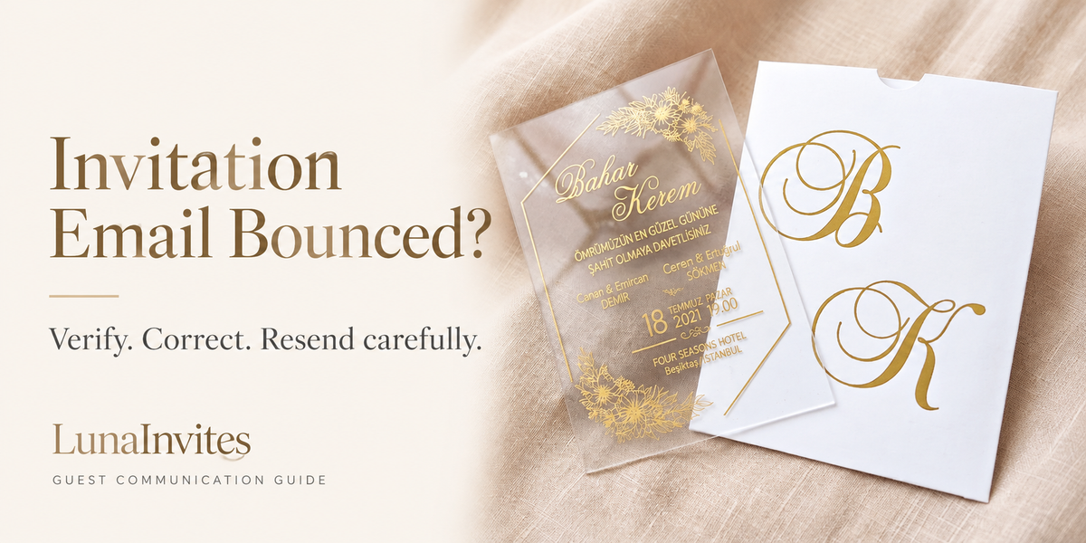 LunaInvites editorial cover with a clear acrylic floral invitation and white monogram envelope beside guidance for fixing bounced invitation emails.