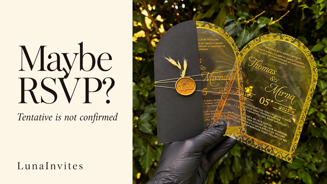 LunaInvites arched clear acrylic invitations with black envelope and gold-colored details beside a Maybe RSVP headline; AI-assisted editorial composition.
