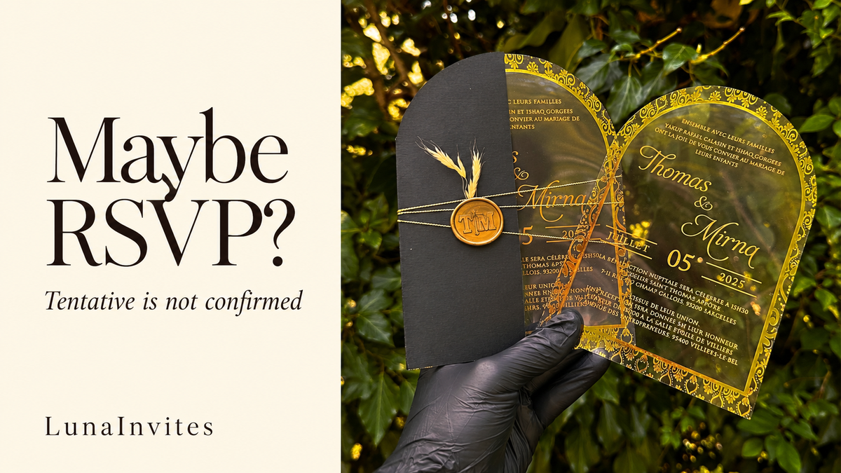 LunaInvites arched clear acrylic invitations with black envelope and gold-colored details beside a Maybe RSVP headline; AI-assisted editorial composition.