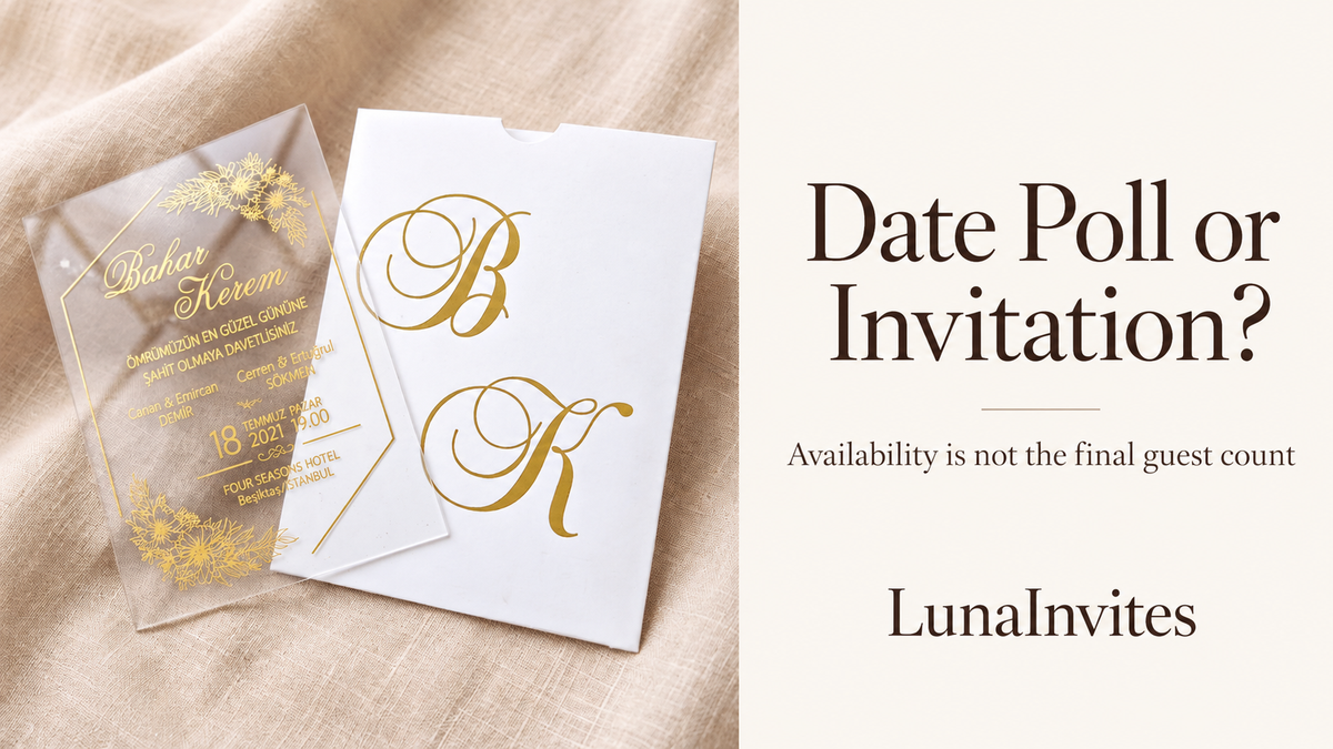 AI-assisted editorial cover showing a LunaInvites floral clear acrylic invitation and white monogram envelope beside Date Poll or Invitation? and LunaInvites text.