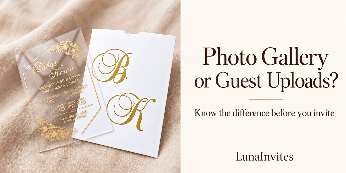 AI-assisted editorial cover with a LunaInvites floral clear acrylic invitation and white monogram envelope beside Photo Gallery or Guest Uploads? and LunaInvites text.