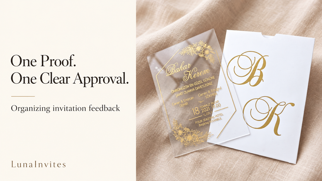 Composição com IA da LunaInvites: convite floral em acrílico transparente e envelope branco com monograma junto de texto One Proof, One Clear Approval.