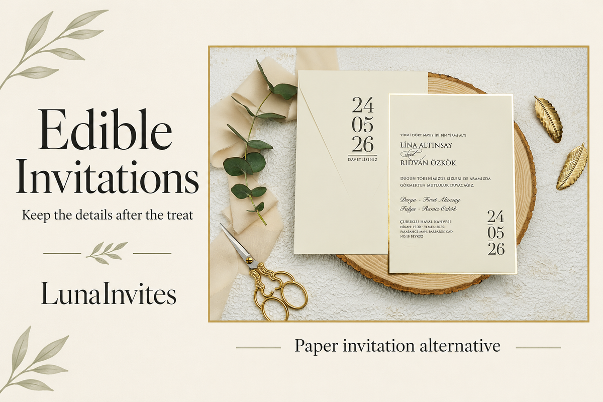 AI-assisted LunaInvites cover showing a beige gold-border paper invitation as a nonfood alternative to edible wedding invitations.