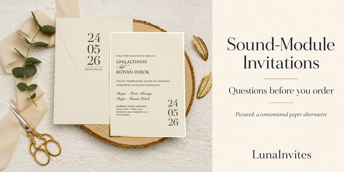 AI-assisted LunaInvites cover showing a beige gold-border paper invitation and date-print envelope as a conventional alternative to sound-module invitations.