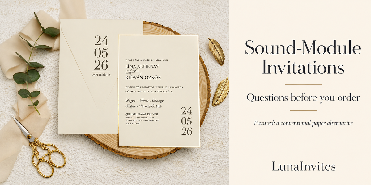 AI-assisted LunaInvites cover showing a beige gold-border paper invitation and date-print envelope as a conventional alternative to sound-module invitations.