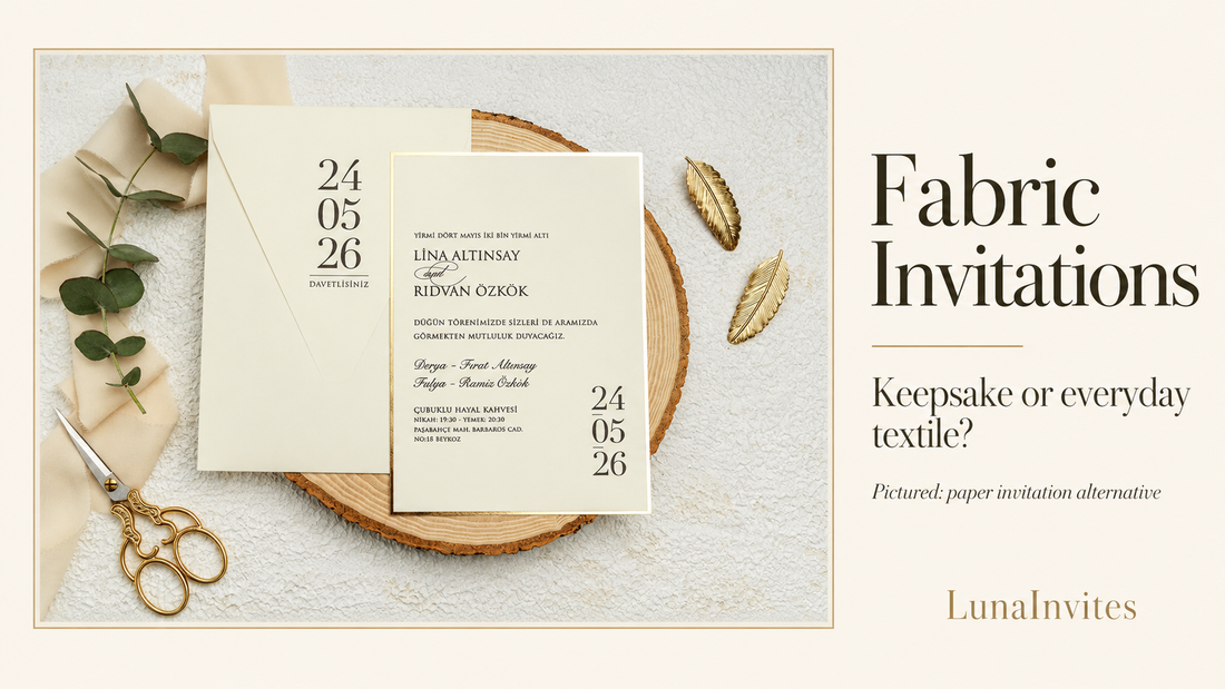 LunaInvites beige paper invitation with gold border and date-print envelope beside Fabric Invitations editorial text, labeled as the paper alternative.