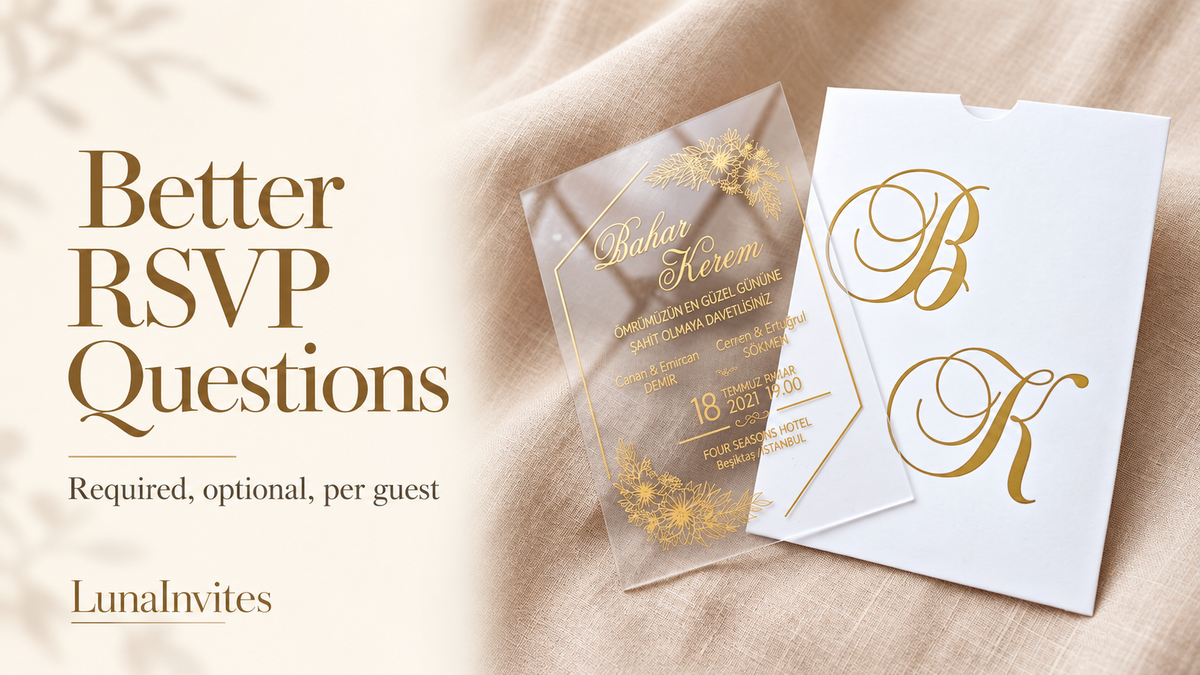 Composição com IA da LunaInvites: convite floral em acrílico transparente e envelope branco com monograma junto de texto Better RSVP Questions.