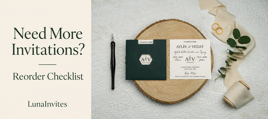 Composizione editoriale con IA LunaInvites con una busta verde con monogramma esagonale e un invito in carta bianca accanto a «Need More Invitations? Reorder Checklist».