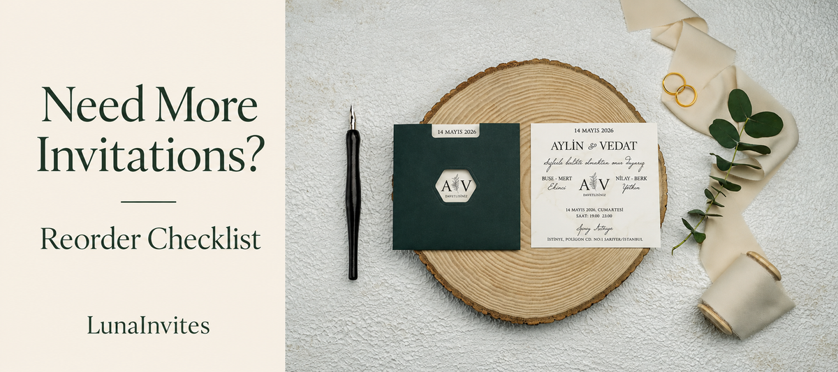 AI-assisted LunaInvites layout with a green hexagonal-monogram envelope and white paper invitation beside Need More Invitations? Reorder Checklist text.