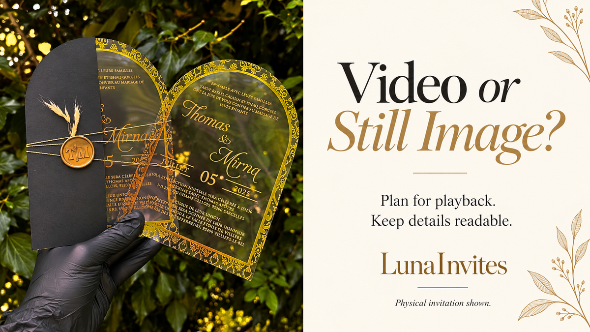 AI-assisted editorial cover with LunaInvites arched gold acrylic invitation and black envelope beside Video or Still Image? and LunaInvites text.