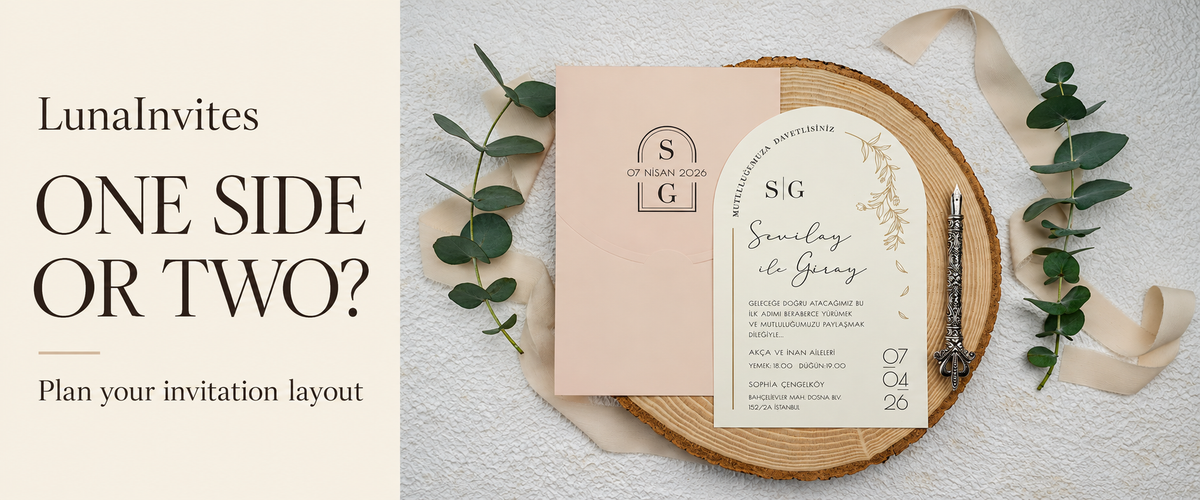 AI-assisted LunaInvites editorial layout showing an ivory arch paper invitation and blush envelope beside One Side or Two wording.