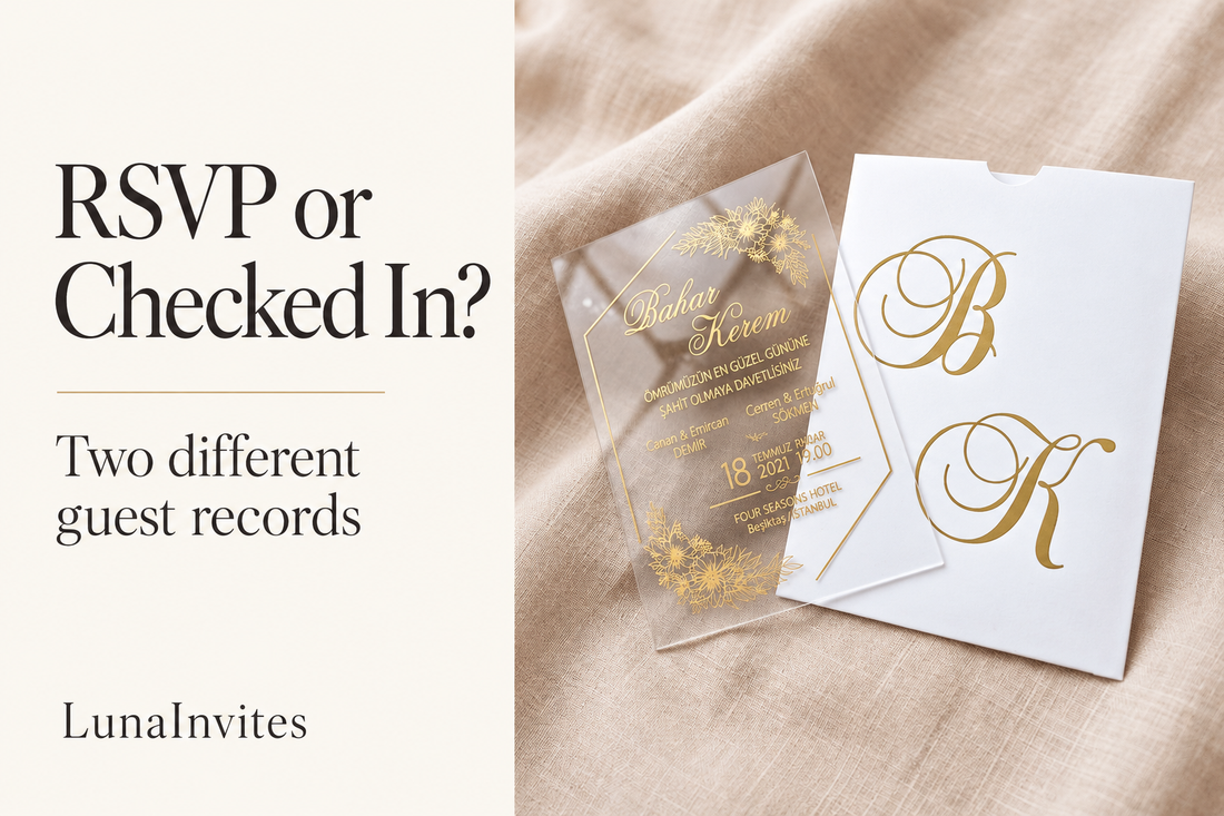 AI-assisted editorial cover showing a LunaInvites floral clear acrylic invitation and white monogram envelope beside RSVP or Checked In? and LunaInvites text.