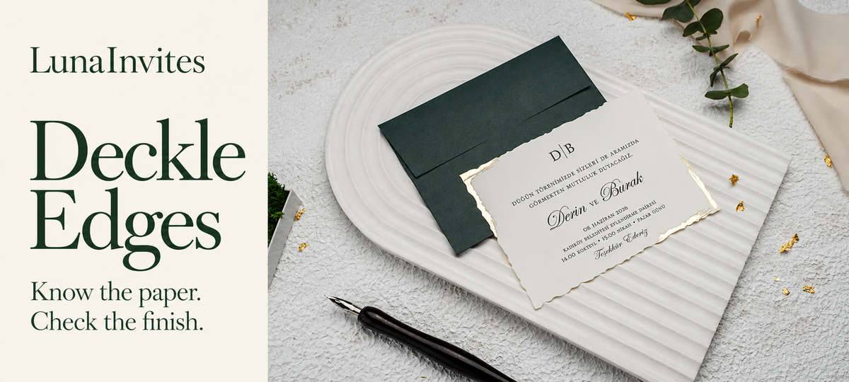 LunaInvites ivory deckle-edge paper invitation with gold edging and dark green envelope beside Deckle Edges text; AI-assisted editorial layout.